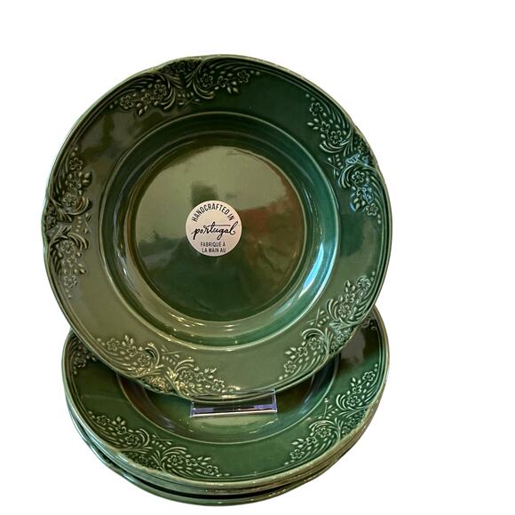 Villa Stoneware Portugal Green Ceramic Bowls 9.5" Floral Border Set of 4 NEW - Picture 13 of 14